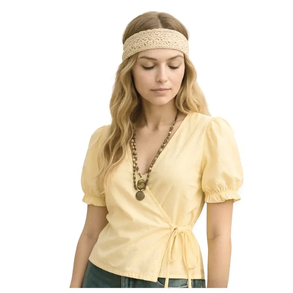 Butter Yellow Poplin Puff Sleeve Drawstring Top Twee Y2K Cottagecore Baby Tee - Picture 10 of 10